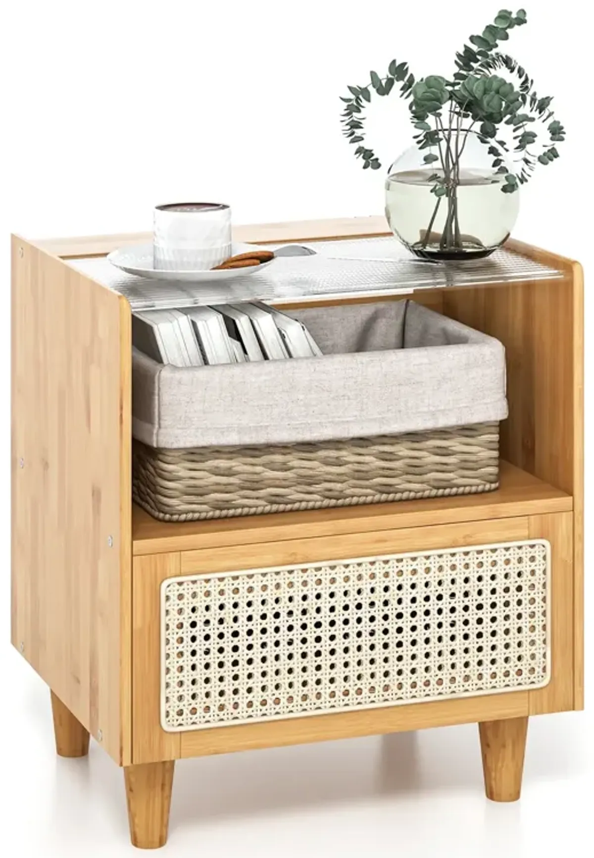 Bamboo Rattan Nightstand with Drawer and Solid Wood Legs