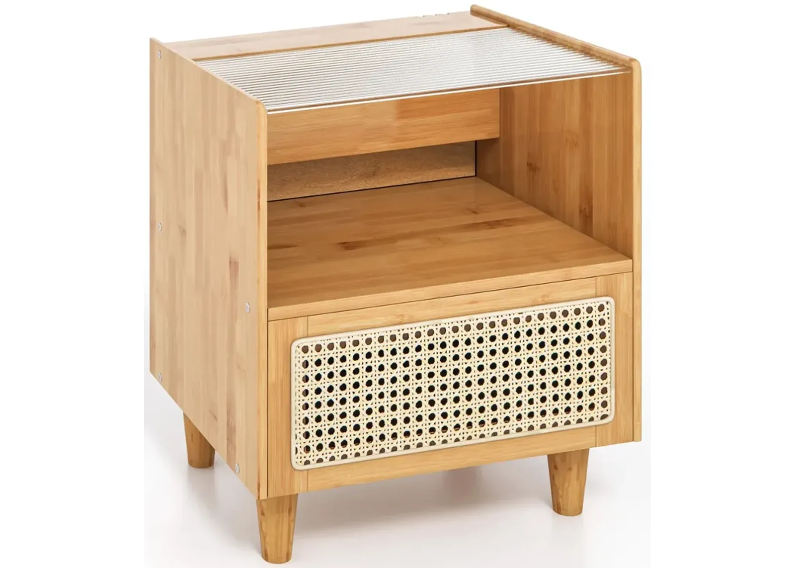 Bamboo Rattan Nightstand with Drawer and Solid Wood Legs