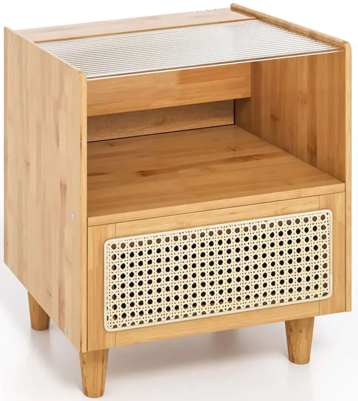 Bamboo Rattan Nightstand with Drawer and Solid Wood Legs