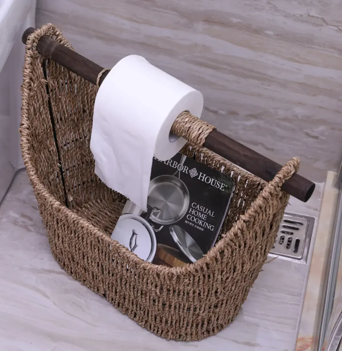 Free Standing Magazine and Toilet Paper Holder Basket with Wooden Rod