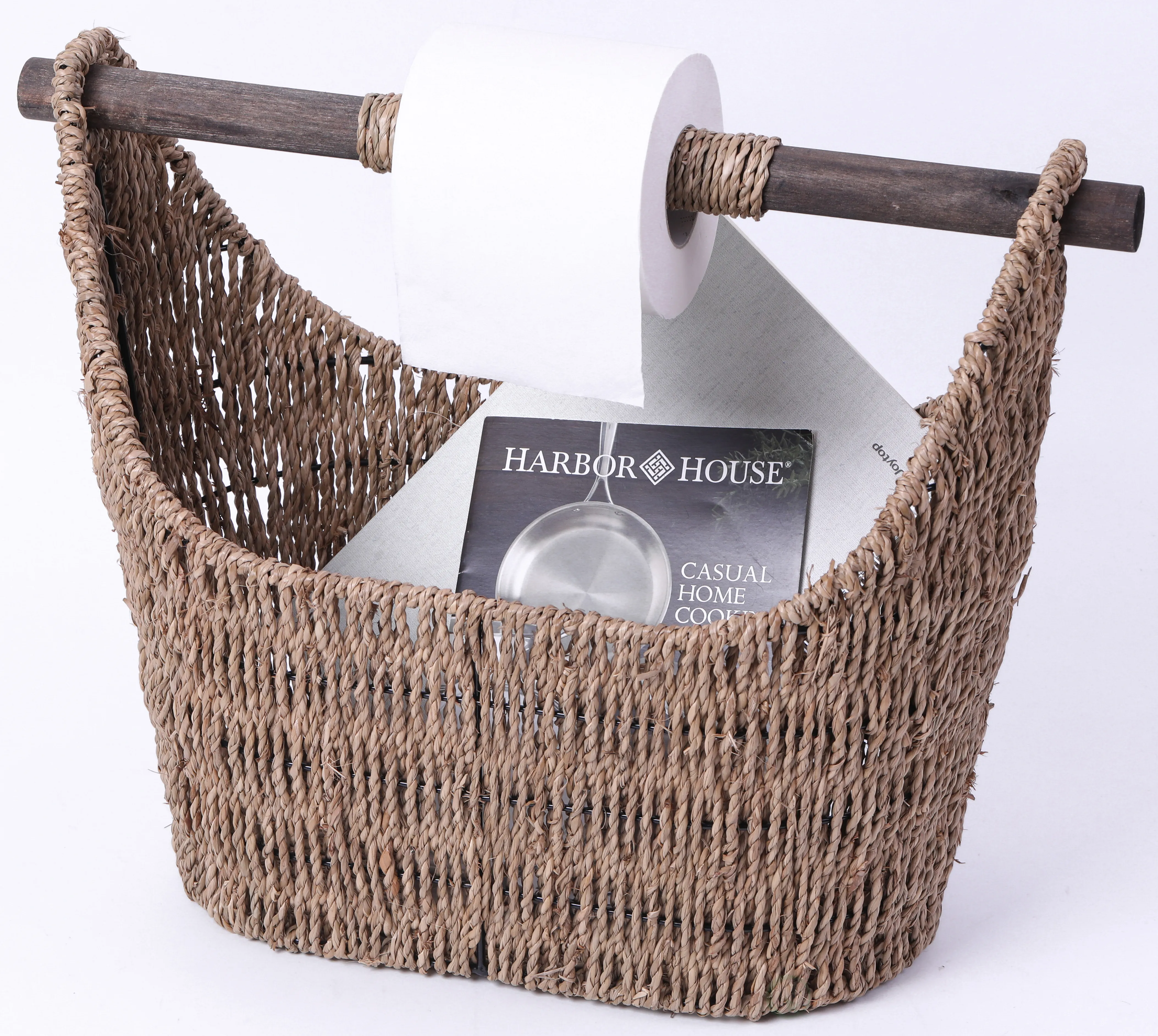 Free Standing Magazine and Toilet Paper Holder Basket with Wooden Rod
