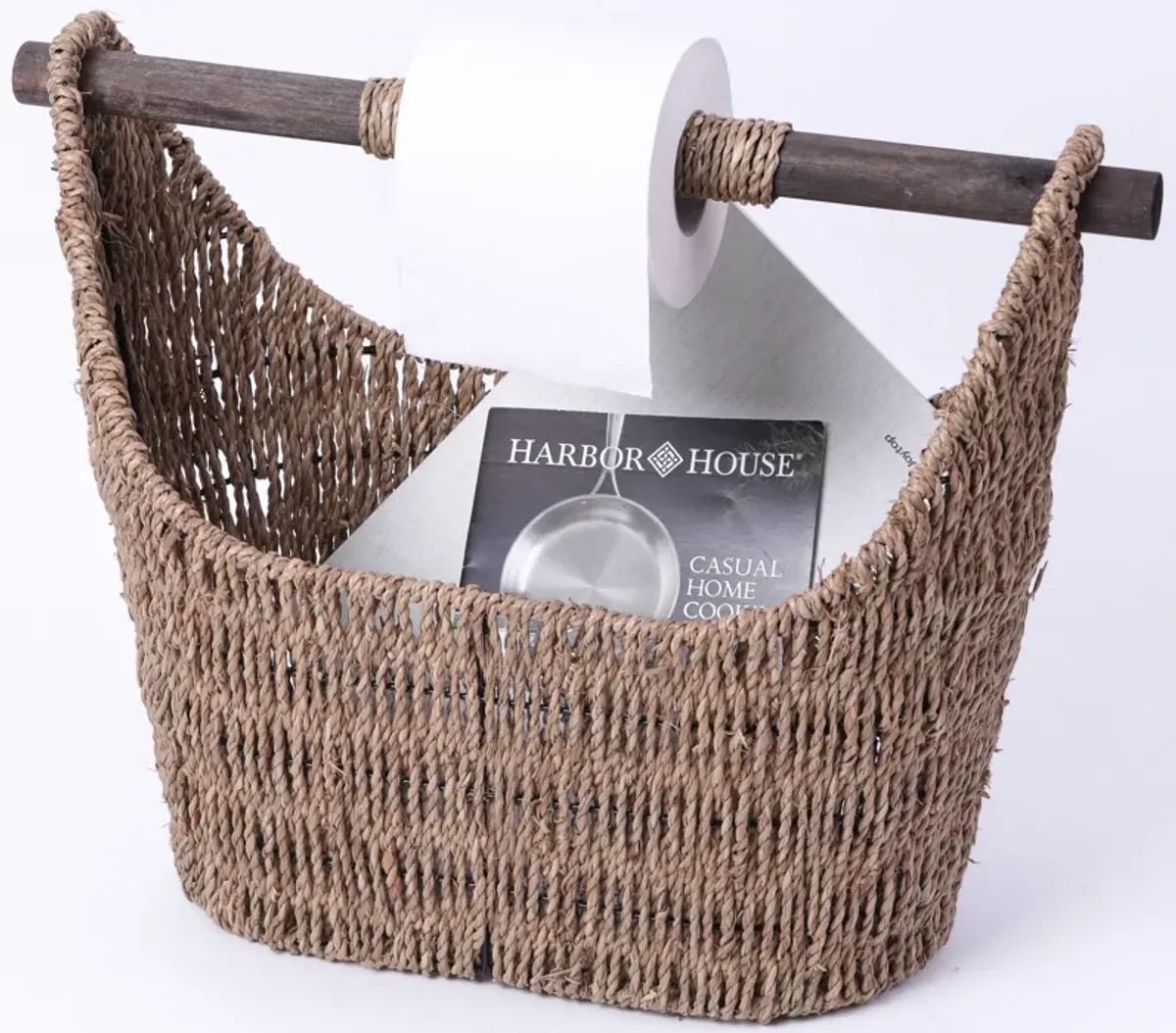 Free Standing Magazine and Toilet Paper Holder Basket with Wooden Rod