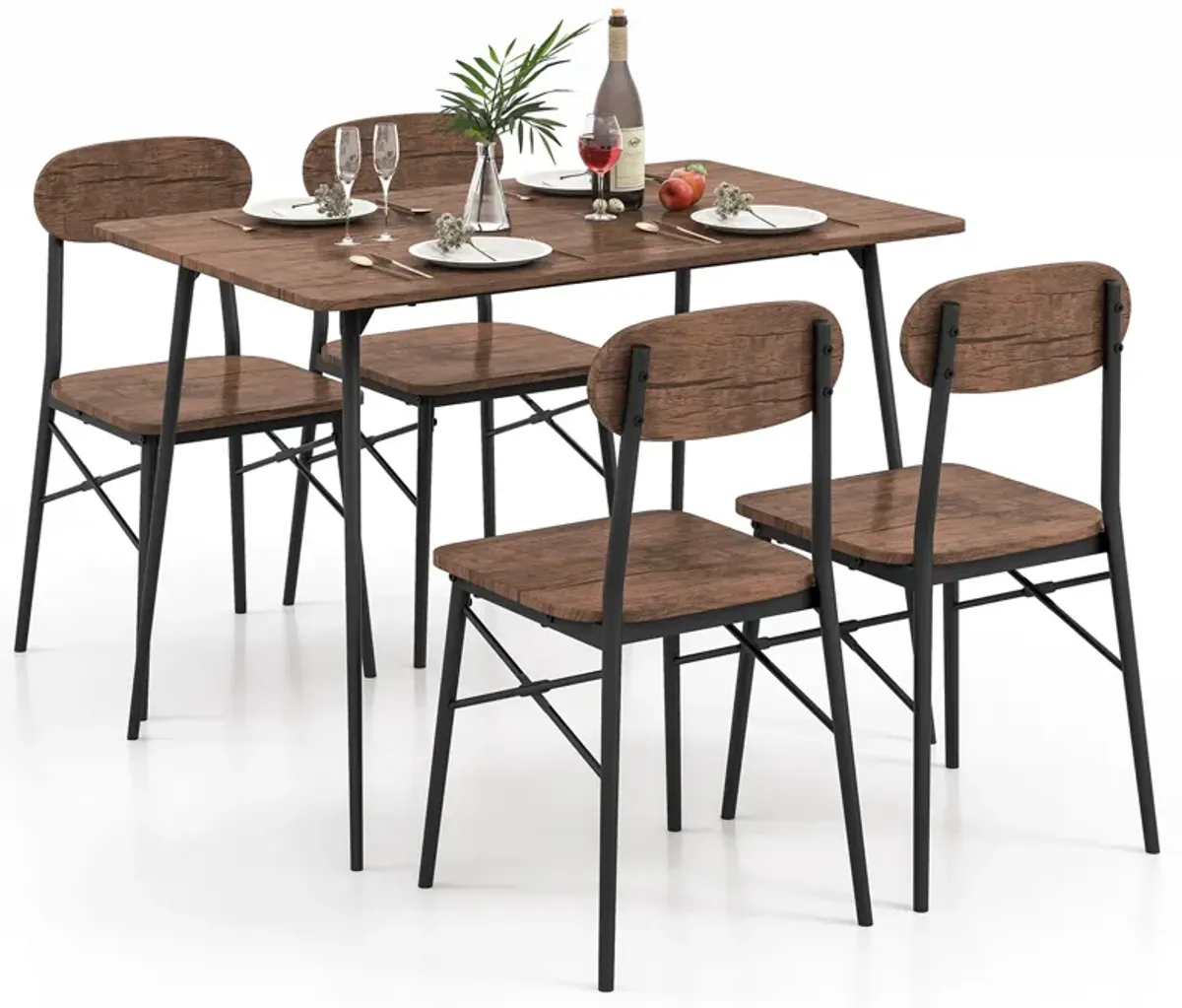 5 Piece Dining Table Set Rectangular with Backrest and Metal Legs for Breakfast Nook-Rustic Brown