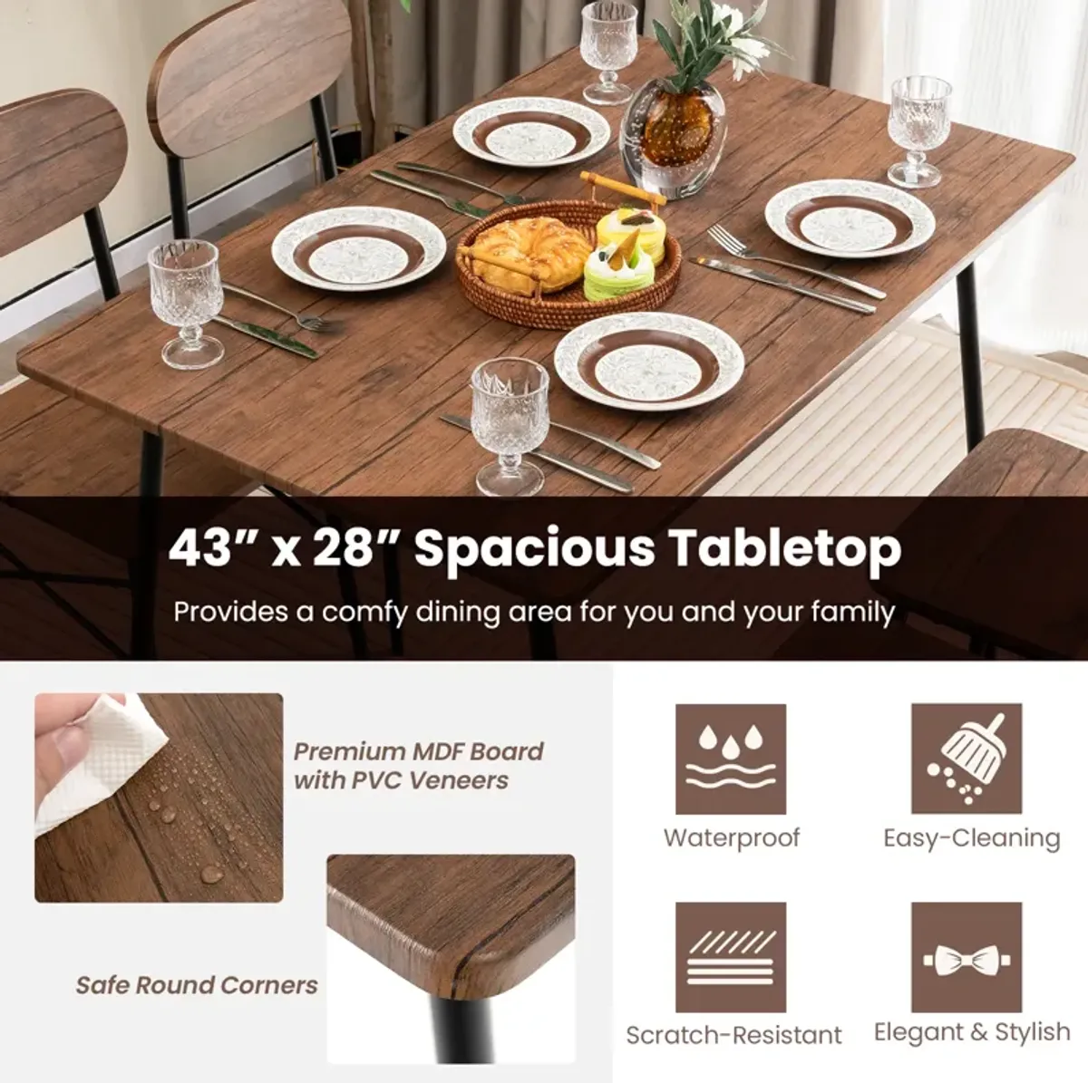 5 Piece Dining Table Set Rectangular with Backrest and Metal Legs for Breakfast Nook-Rustic Brown