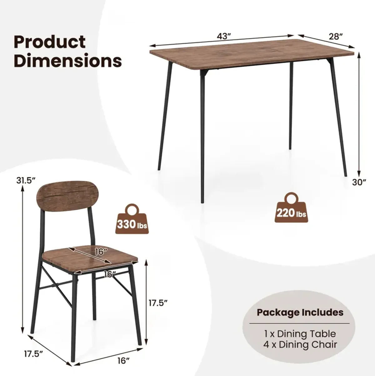 5 Piece Dining Table Set Rectangular with Backrest and Metal Legs for Breakfast Nook-Rustic Brown