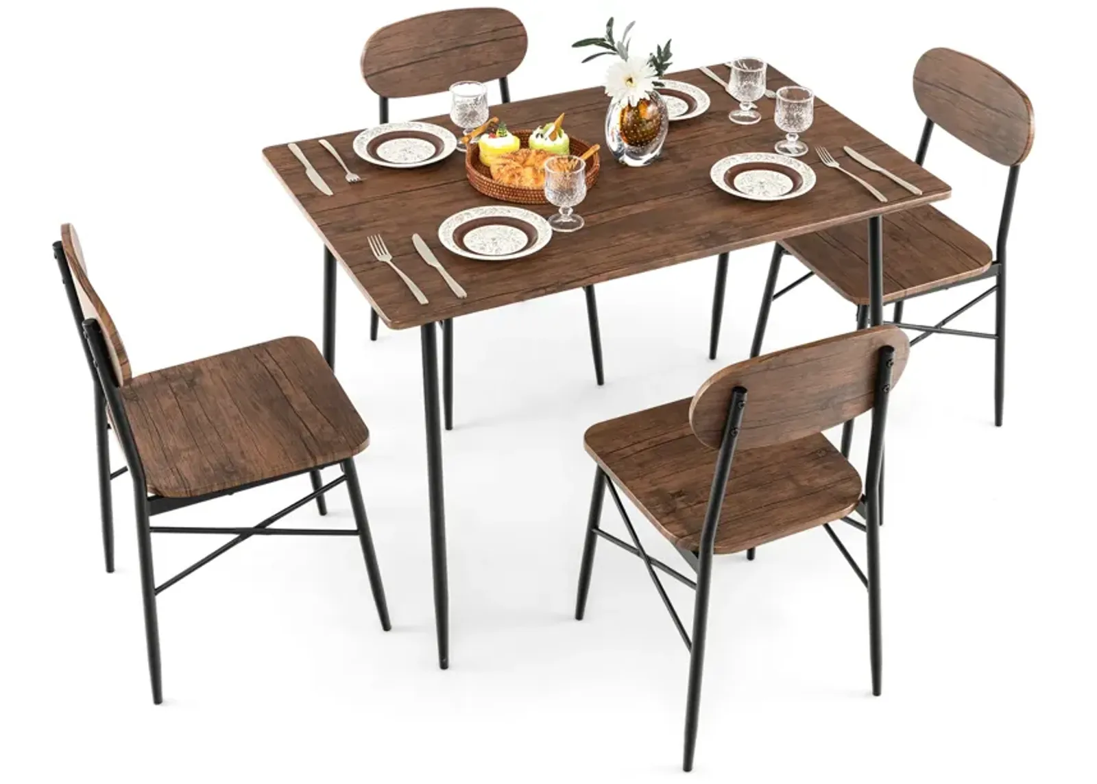 5 Piece Dining Table Set Rectangular with Backrest and Metal Legs for Breakfast Nook-Rustic Brown