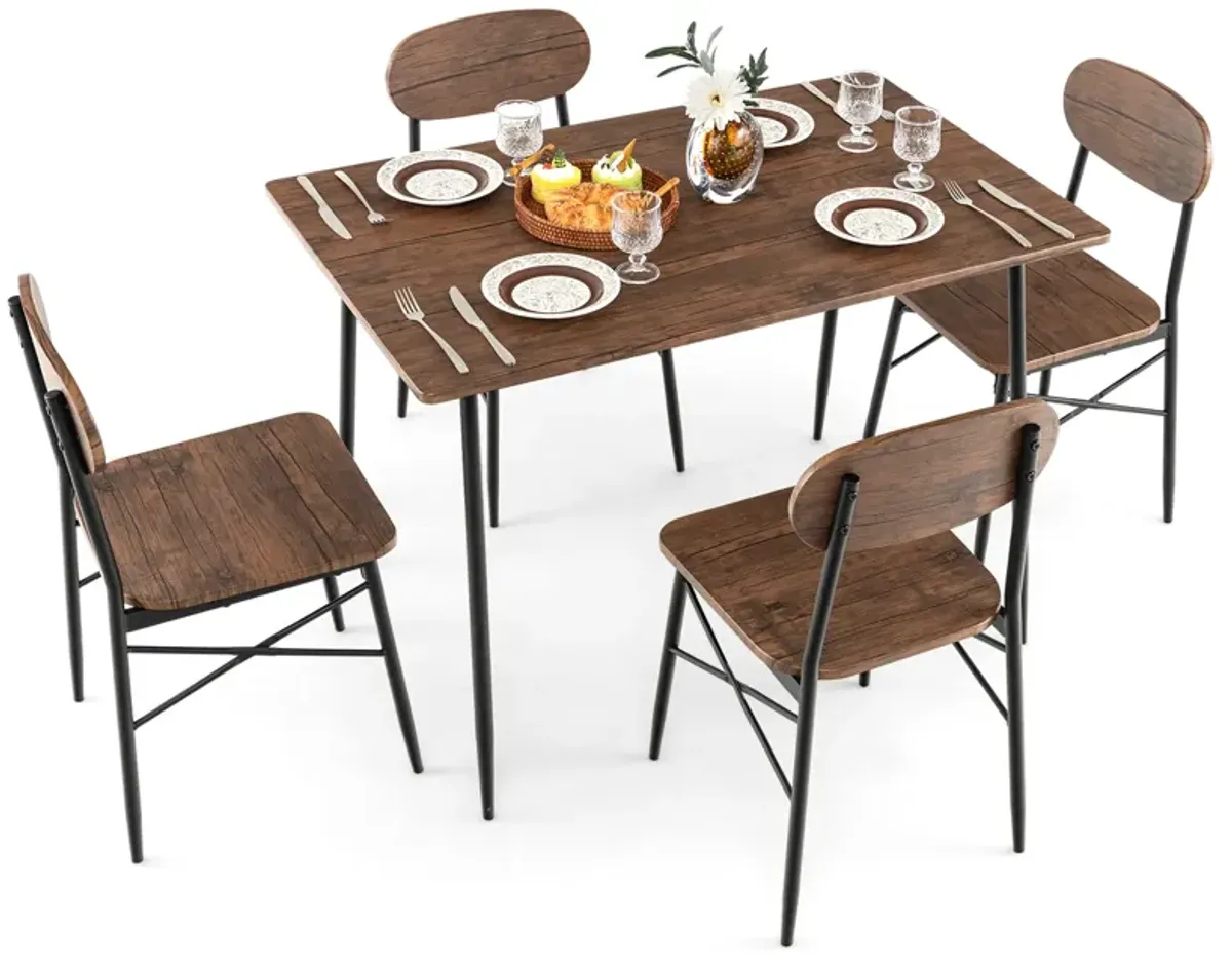 5 Piece Dining Table Set Rectangular with Backrest and Metal Legs for Breakfast Nook-Rustic Brown