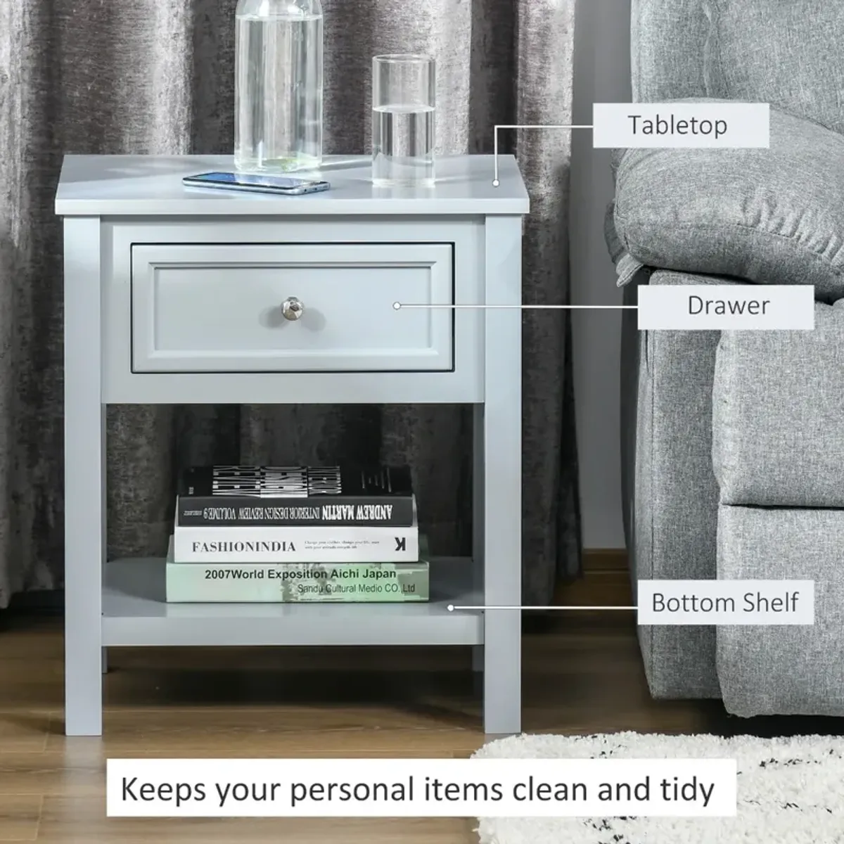 Gray Living Room Helper: Compact End Table with Drawer and Shelf