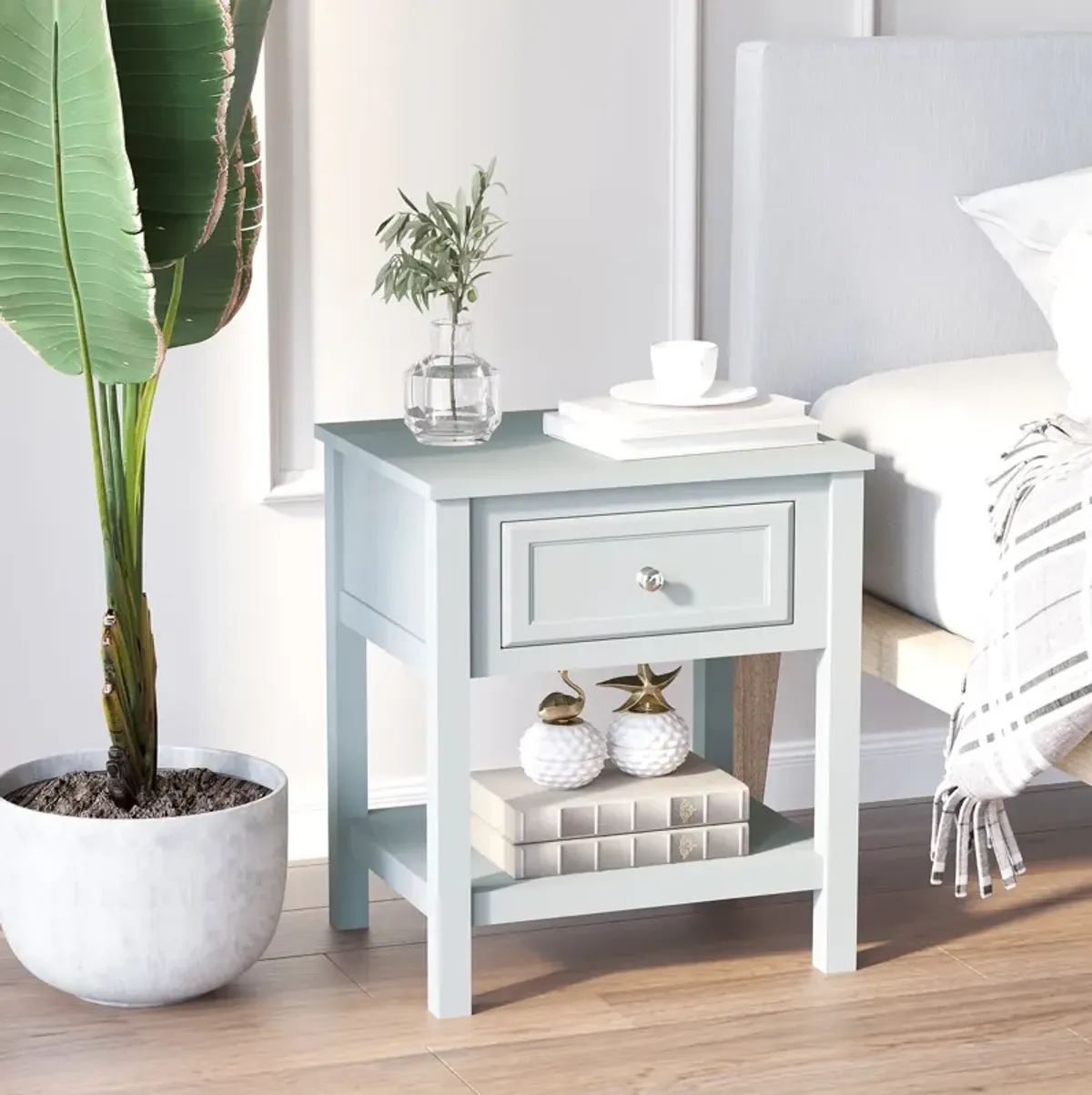 Gray Living Room Helper: Compact End Table with Drawer and Shelf