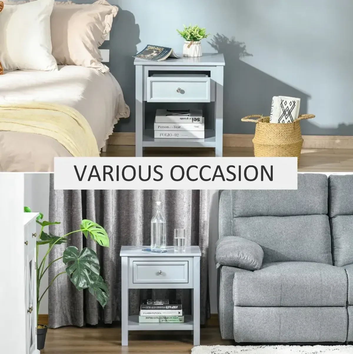 Gray Living Room Helper: Compact End Table with Drawer and Shelf