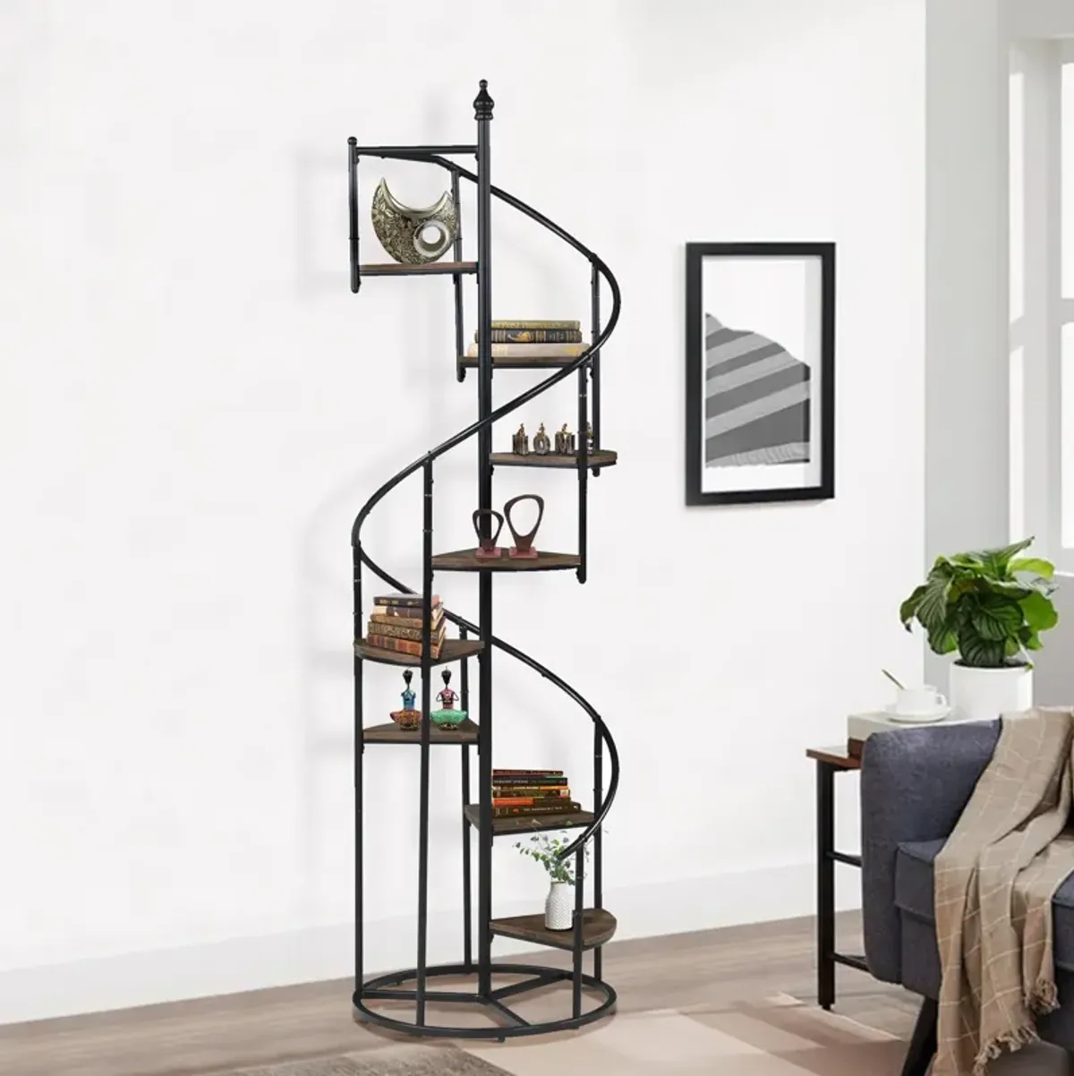 69 Inch Wood Bookcase, Spiral Metal Frame, Staircase Design, Brown-Benzara