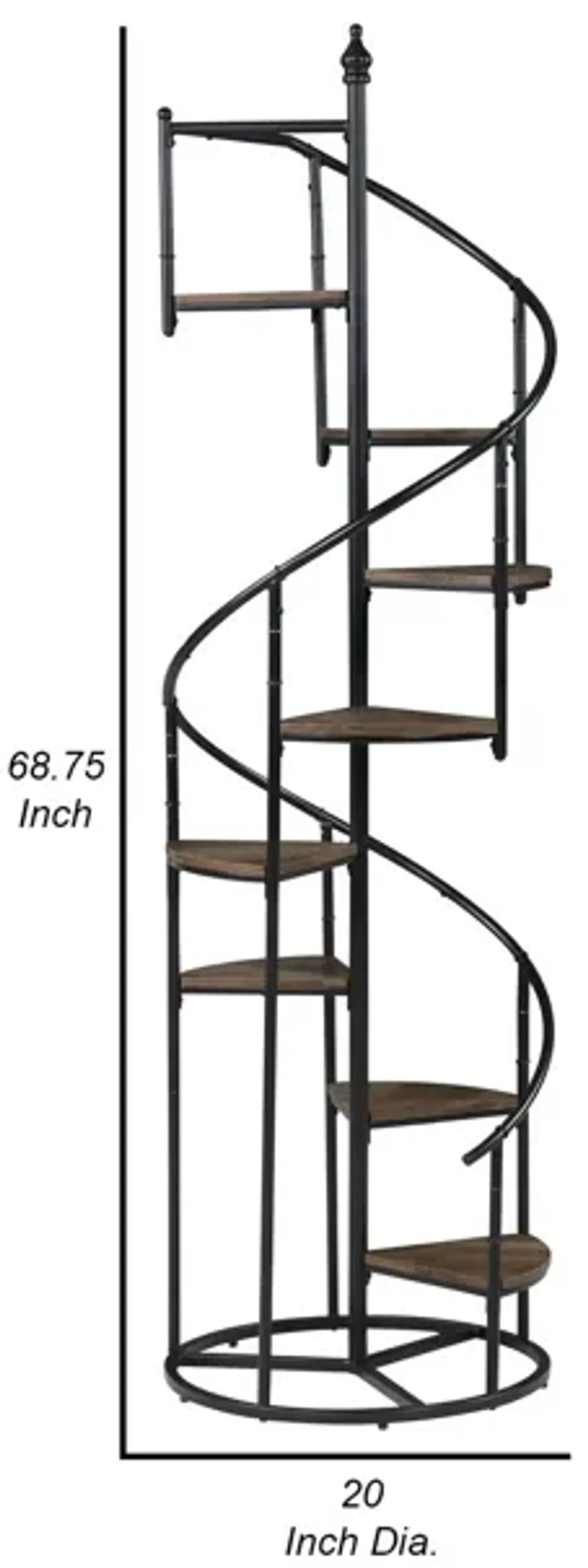 69 Inch Wood Bookcase, Spiral Metal Frame, Staircase Design, Brown-Benzara