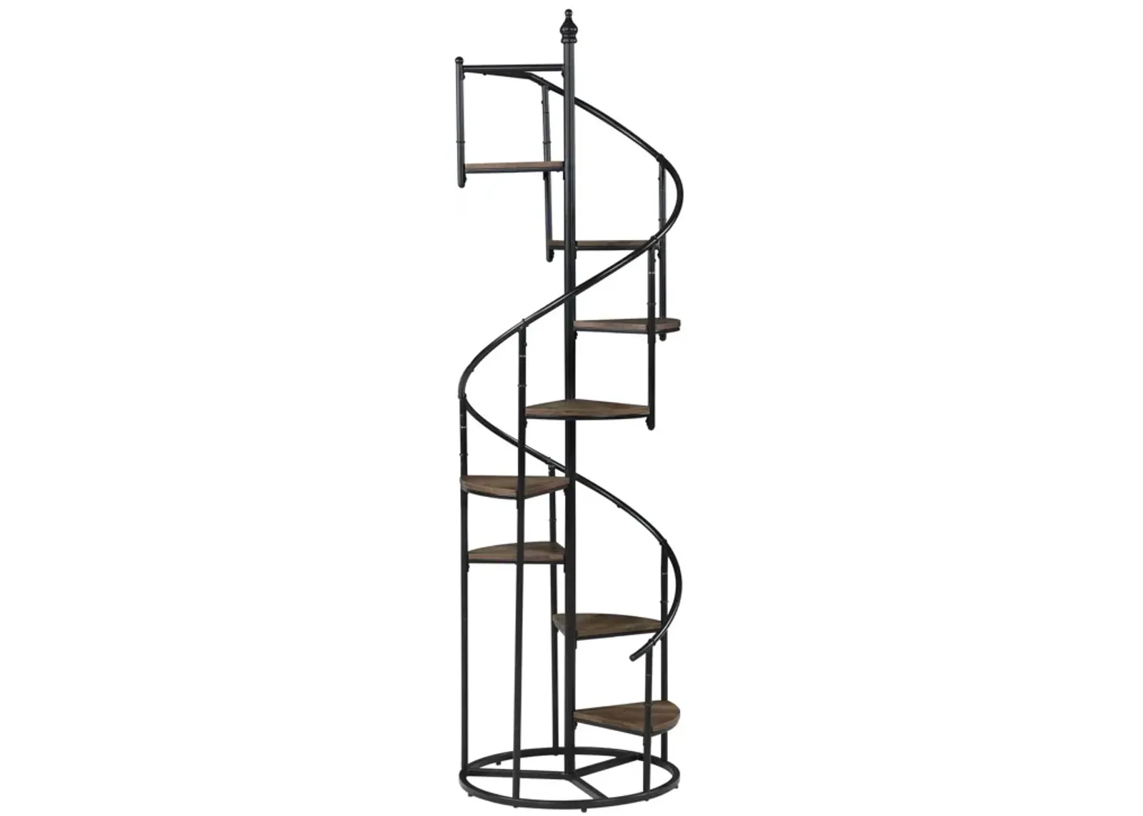 69 Inch Wood Bookcase, Spiral Metal Frame, Staircase Design, Brown-Benzara