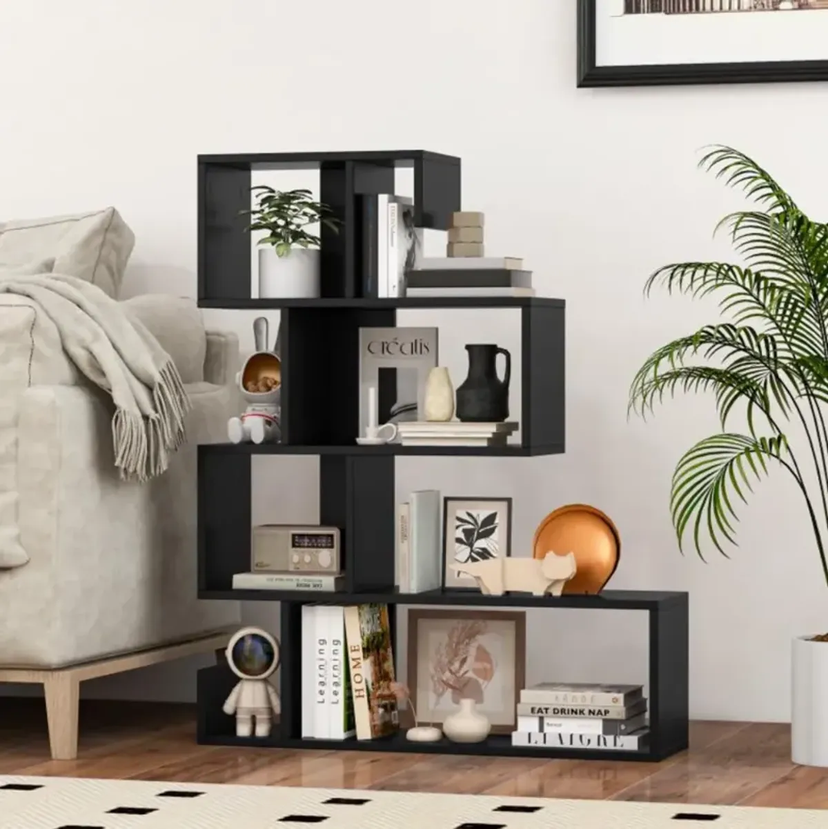 Hivvago 5-Tier S-Shaped Bookshelf Geometric Z-Shelf Bookcase with Open Cubes