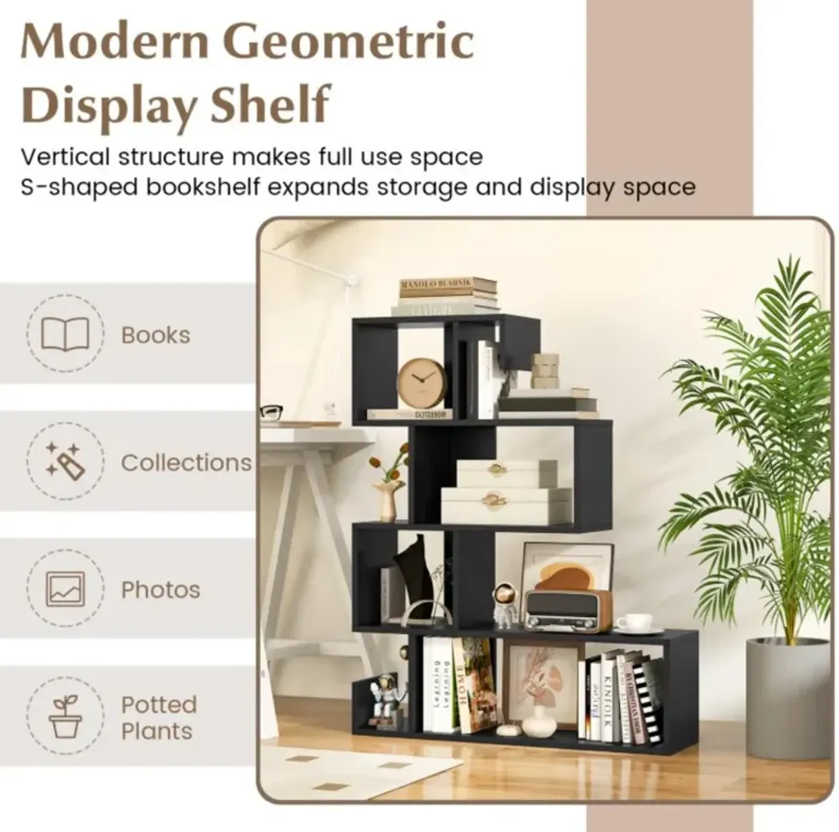 Hivvago 5-Tier S-Shaped Bookshelf Geometric Z-Shelf Bookcase with Open Cubes