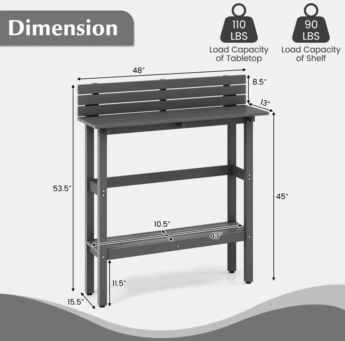 48" Patio Pub Height Table with Storage Shelf and Adjustable Foot Pads