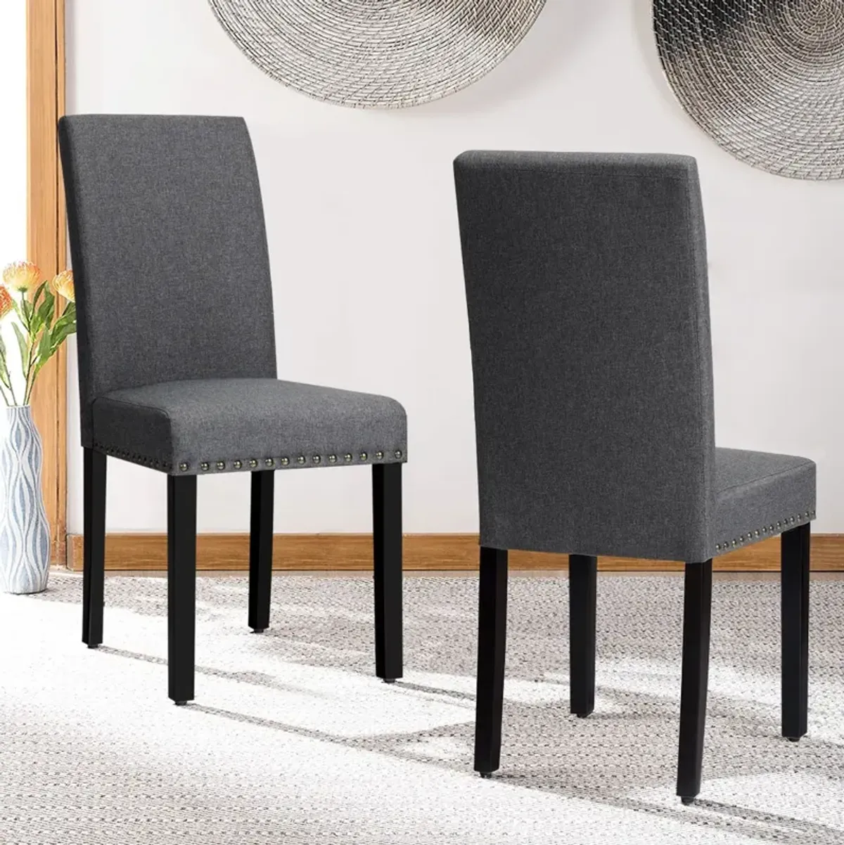 Set of 2 Fabric Upholstered Dining Chairs with Nailhead