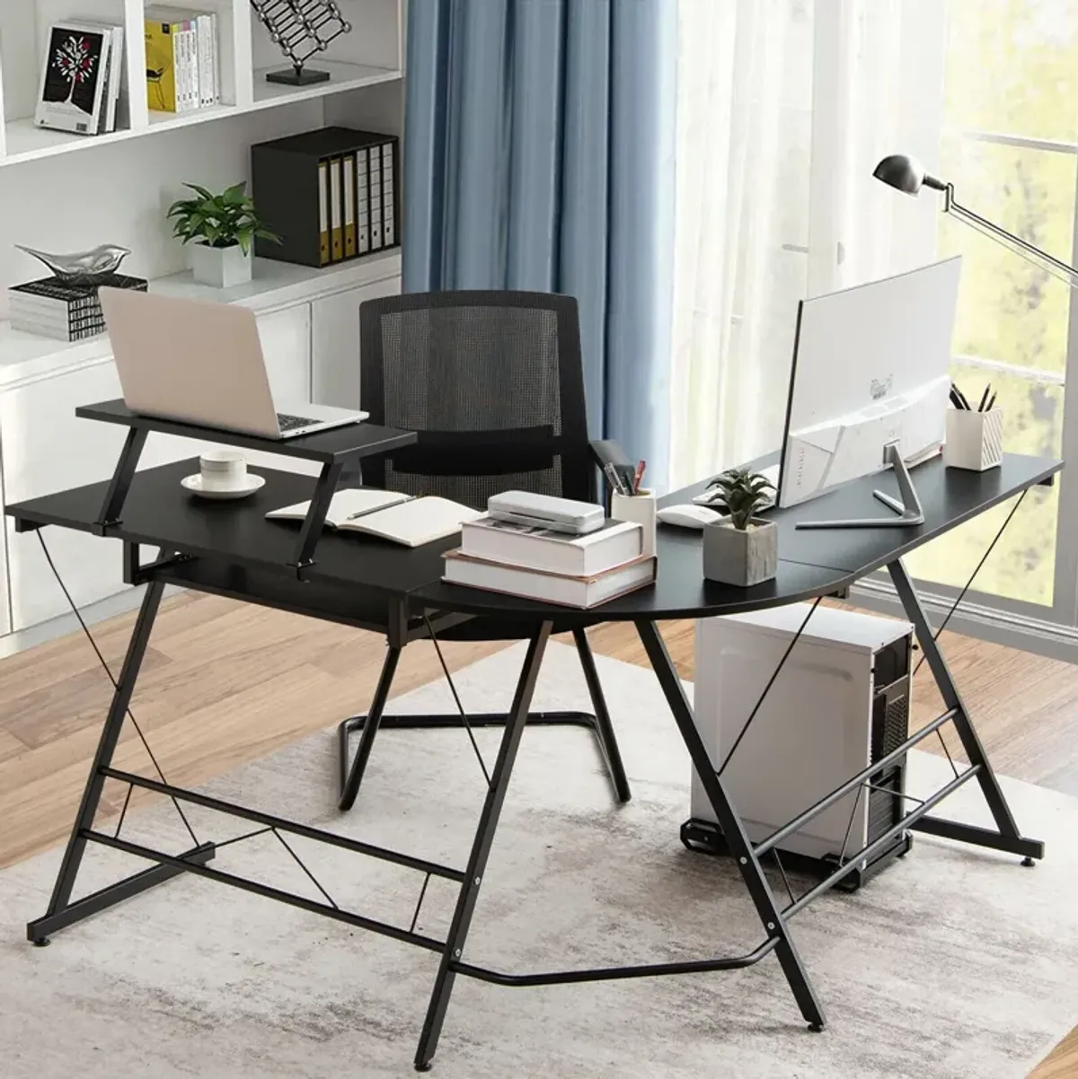 L Shaped Computer Desk Home Office Workstation with Movable Monitor Stand