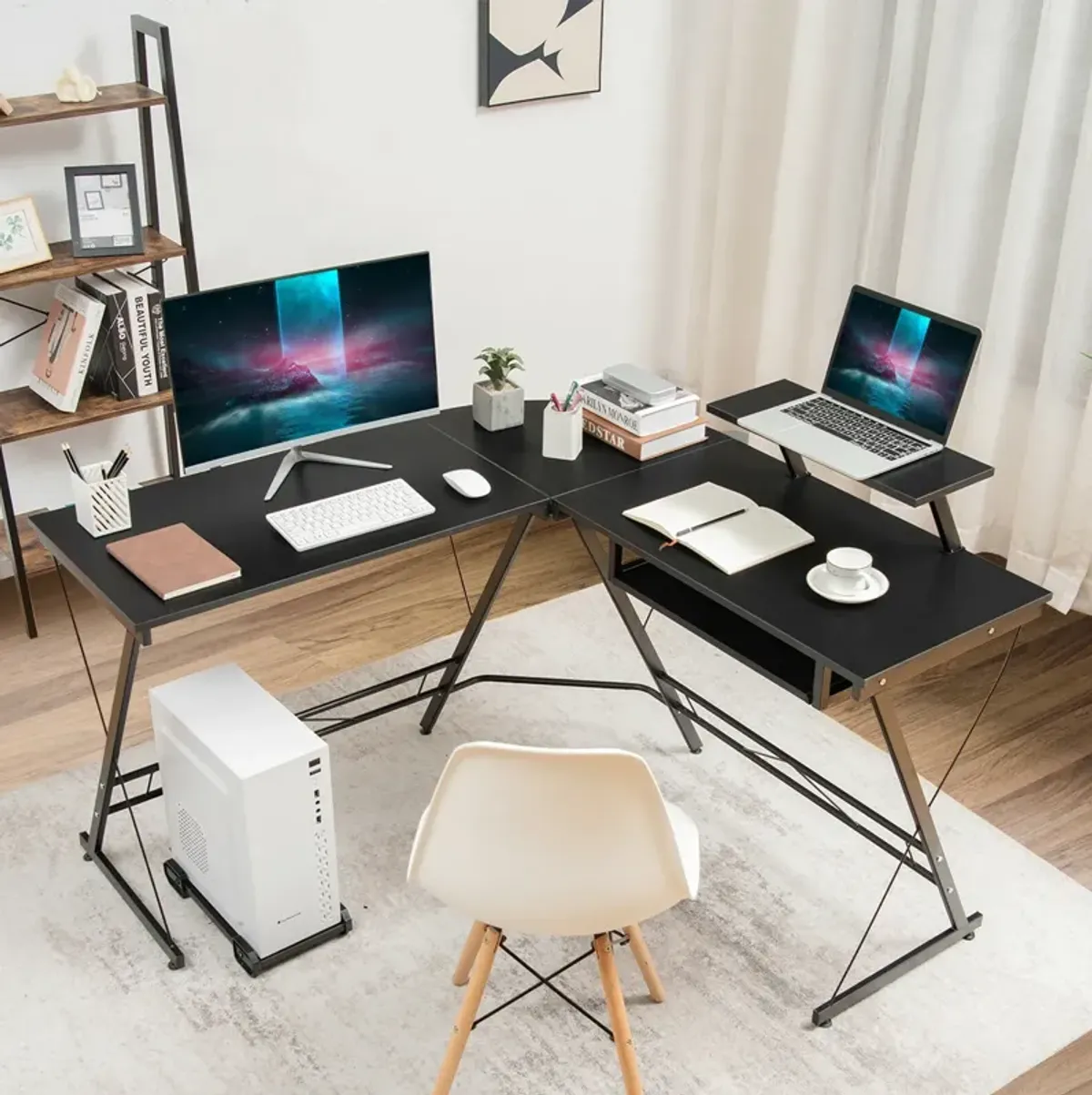 L Shaped Computer Desk Home Office Workstation with Movable Monitor Stand