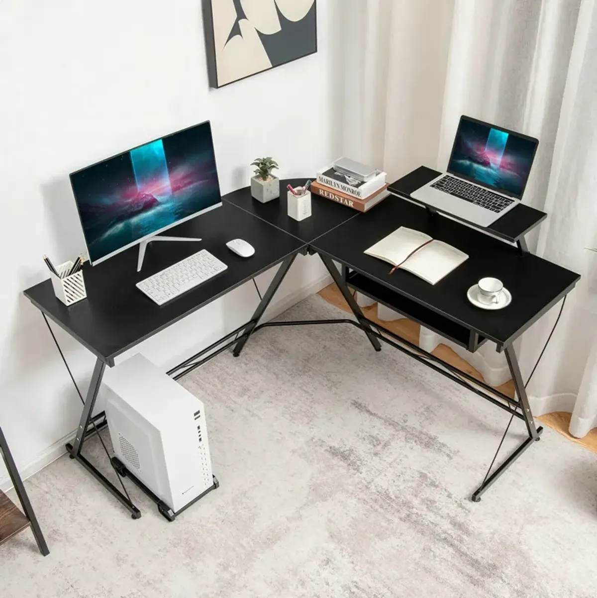 L Shaped Computer Desk Home Office Workstation with Movable Monitor Stand