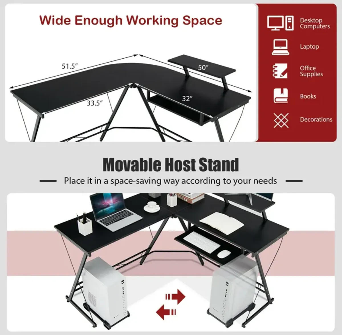 L Shaped Computer Desk Home Office Workstation with Movable Monitor Stand