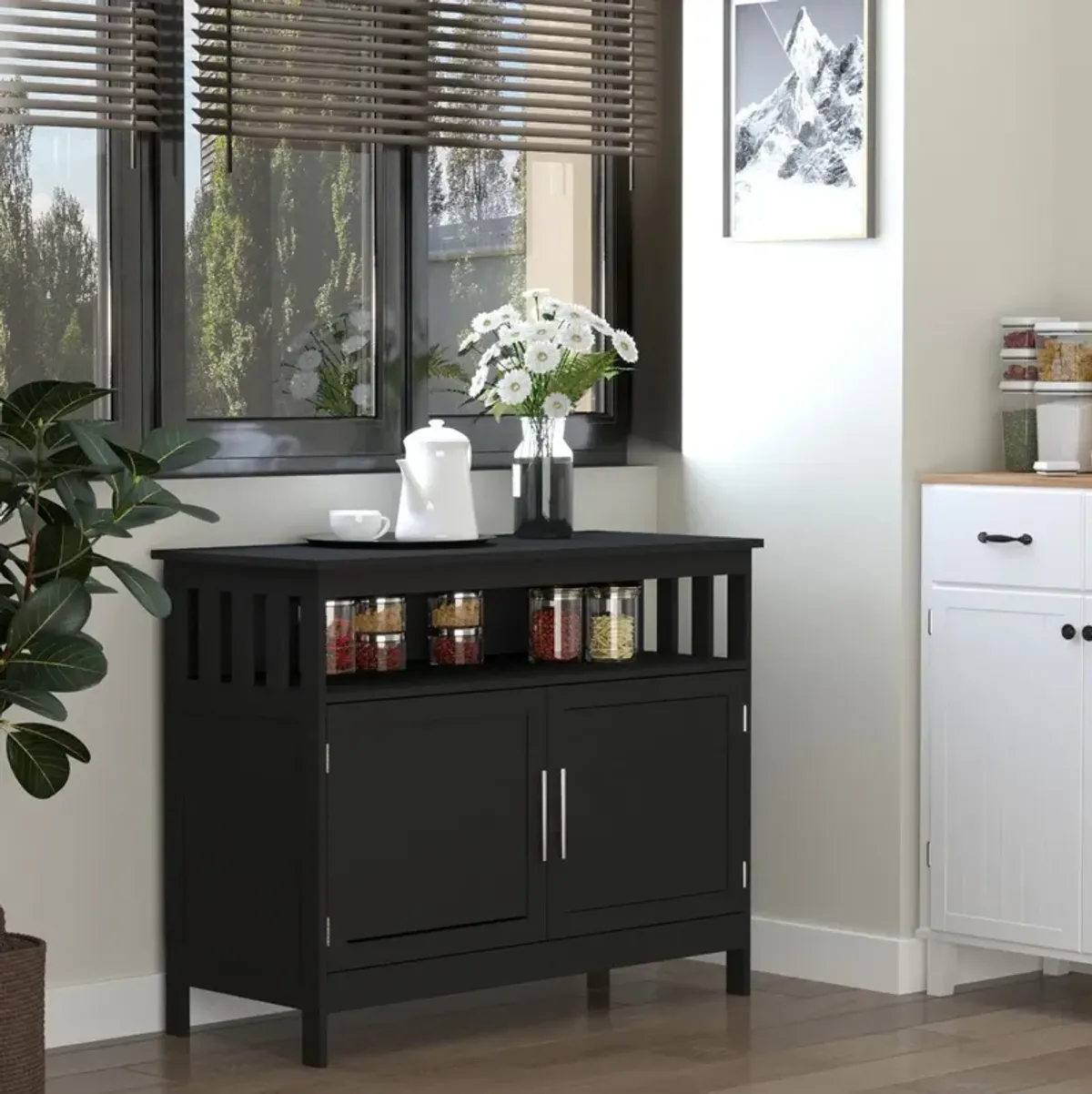 Black Vintage Sideboard: Buffet with Magnet Doors and Adjustable Shelves