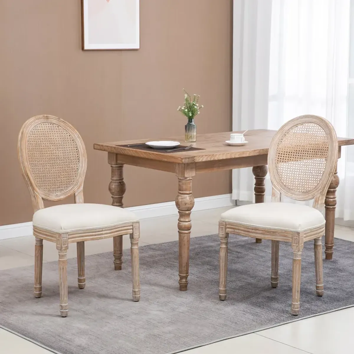 Cream White Dining Set: 4 French-Style Chairs with Rattan Backrest