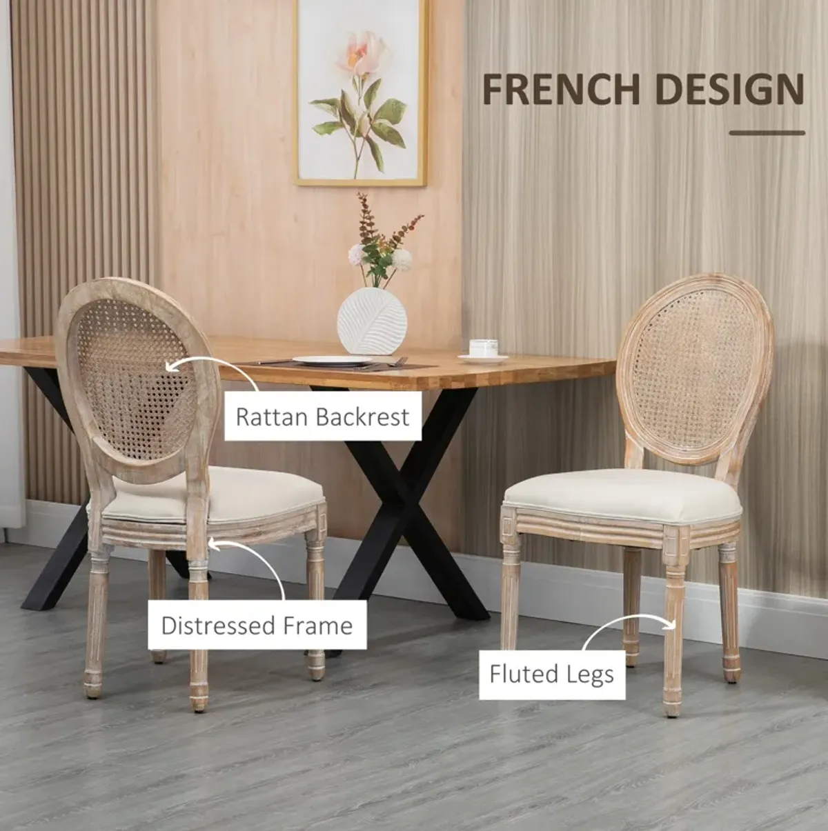 Cream White Dining Set: 4 French-Style Chairs with Rattan Backrest