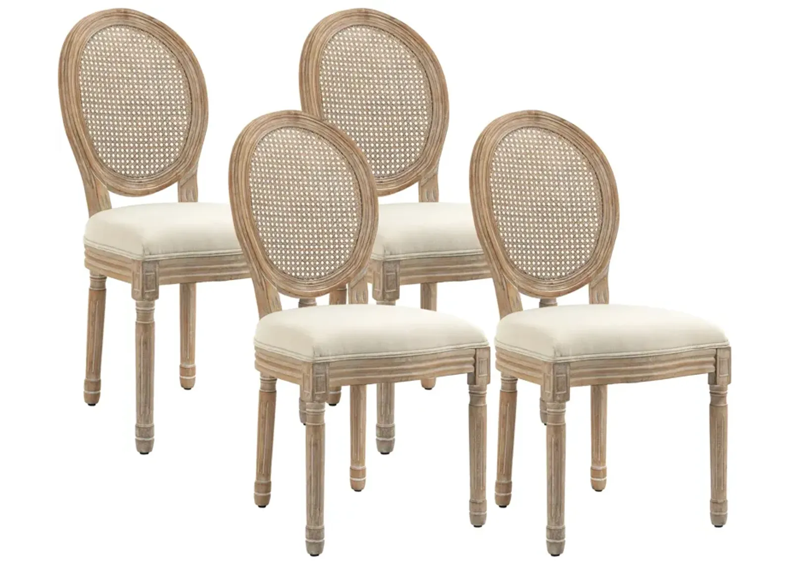 Cream White Dining Set: 4 French-Style Chairs with Rattan Backrest