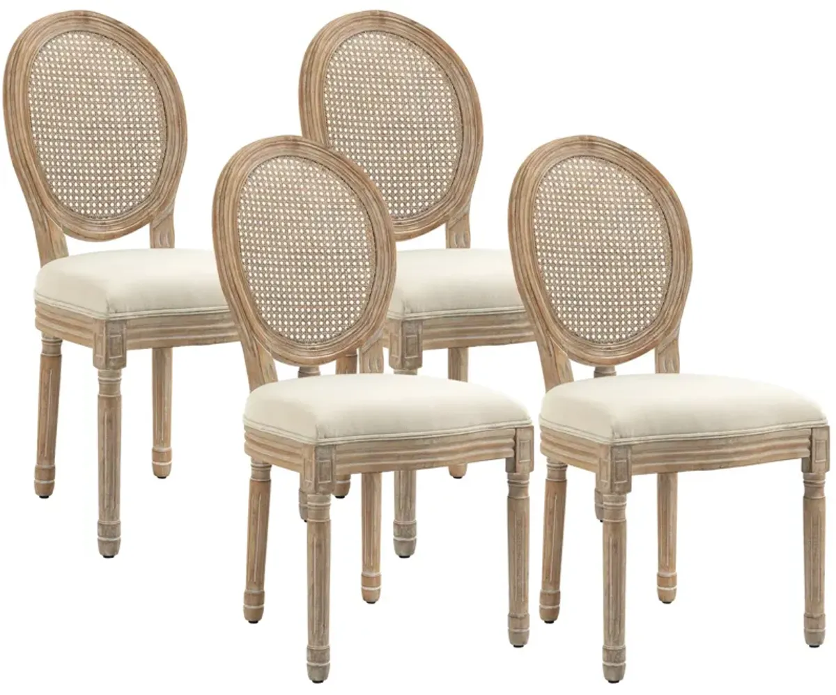 Cream White Dining Set: 4 French-Style Chairs with Rattan Backrest