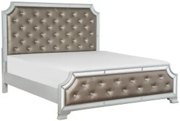 Badra Queen Bed with Crystal Button Tufting, Mirror Trim, Gray Faux Leather - Benzara