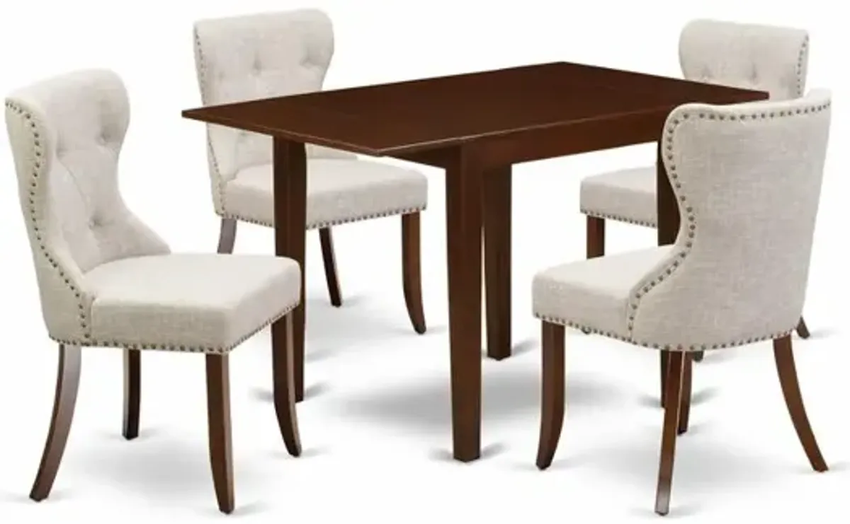 East-West Furniture NDSI5-MAH-35 - A dining set of 4 wonderful parson dining chairs with Linen Fabric Doeskin color and an attractive dining table with Mahogany Finish