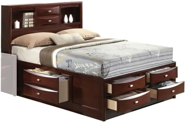 Panel Design Queen Size Bed with Bookcase and Drawers, Brown - Benzara