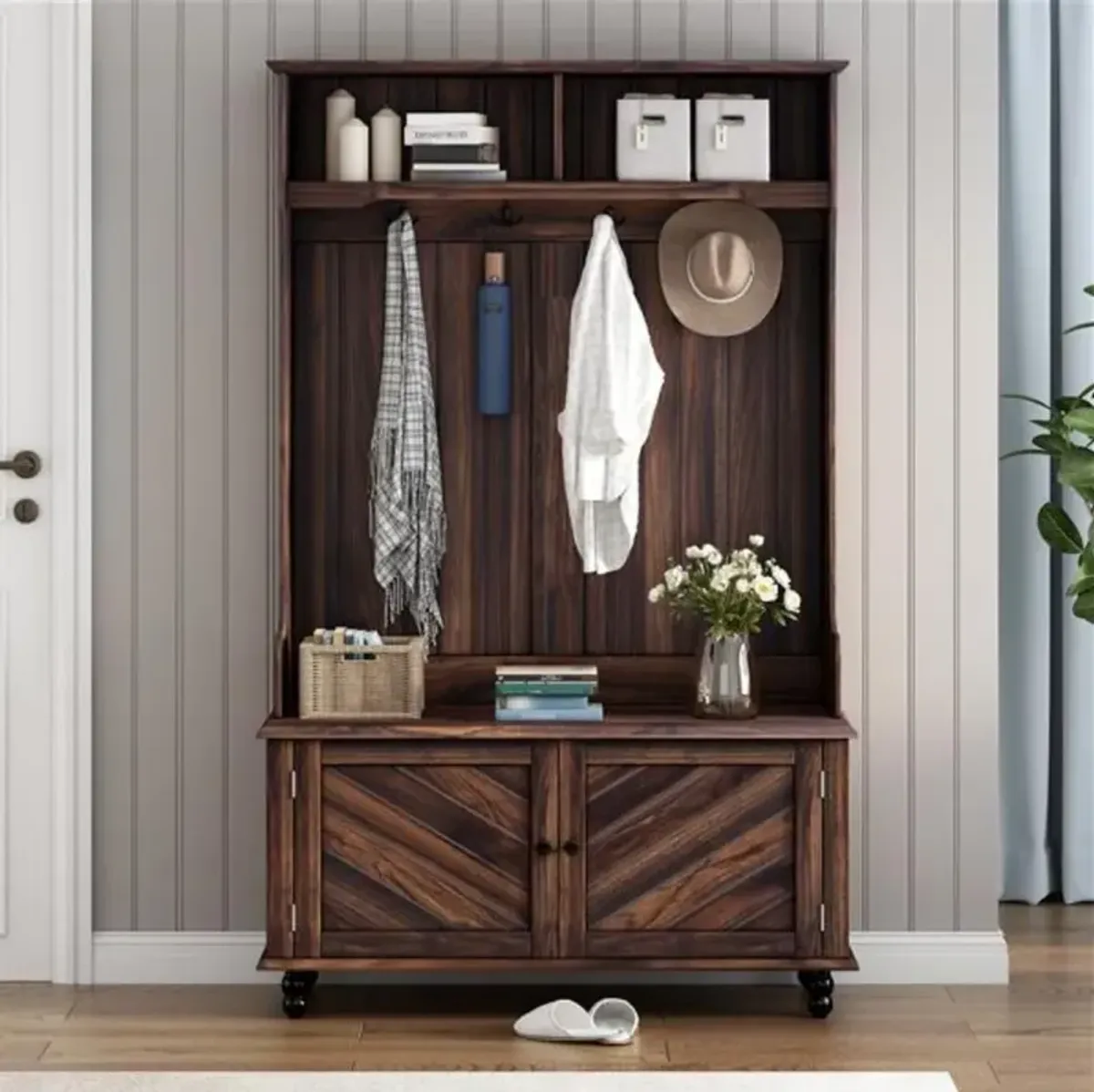 Entryway Hall Tree with Storage Bench & 4 Coat Hooks For Home's Mudroom