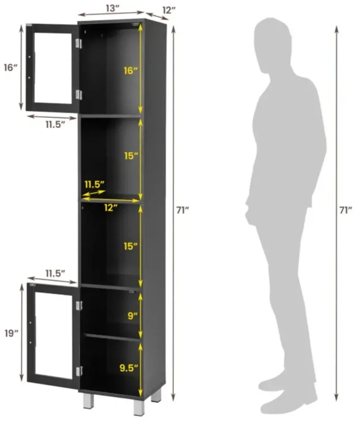 Hivvago 71 Inch Tall Tower Bathroom Storage Cabinet and Organizer Display Shelves for Bedroom