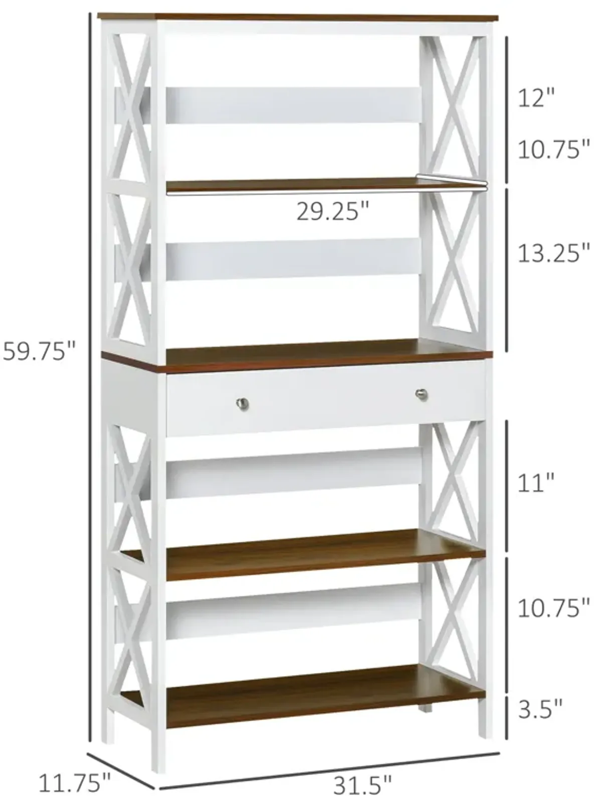 White Modern Shelving: 4-Tier Bookcase with Drawer and X-Bar