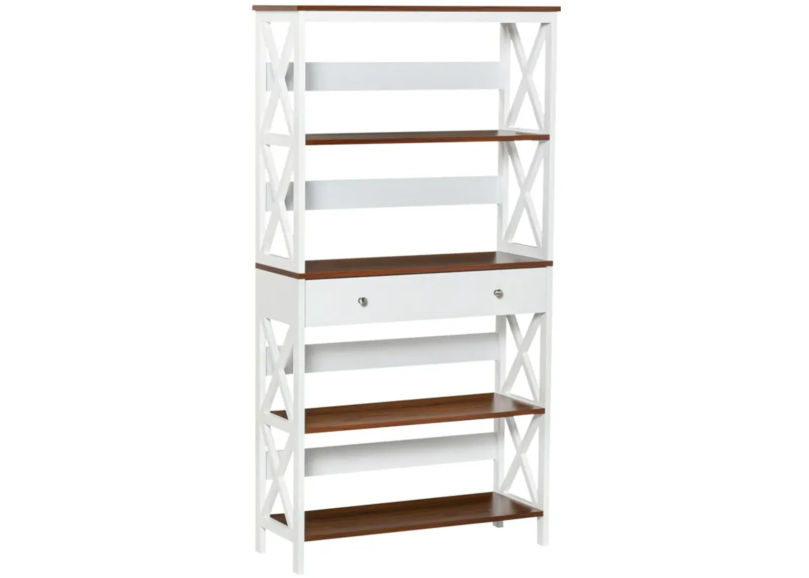 White Modern Shelving: 4-Tier Bookcase with Drawer and X-Bar