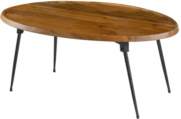 Benjara Aji 31 Inch Coffee Table, Oval Acacia Wood Top, Iron Legs, Brown and Black