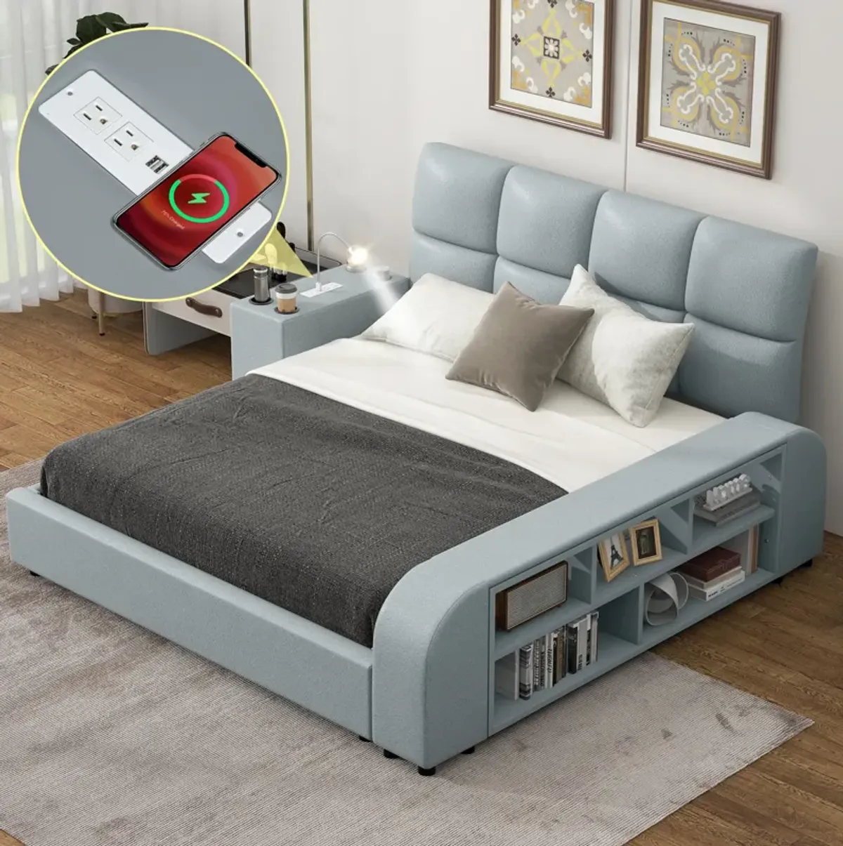 Merax Platform Bed with Multimedia Nightstand