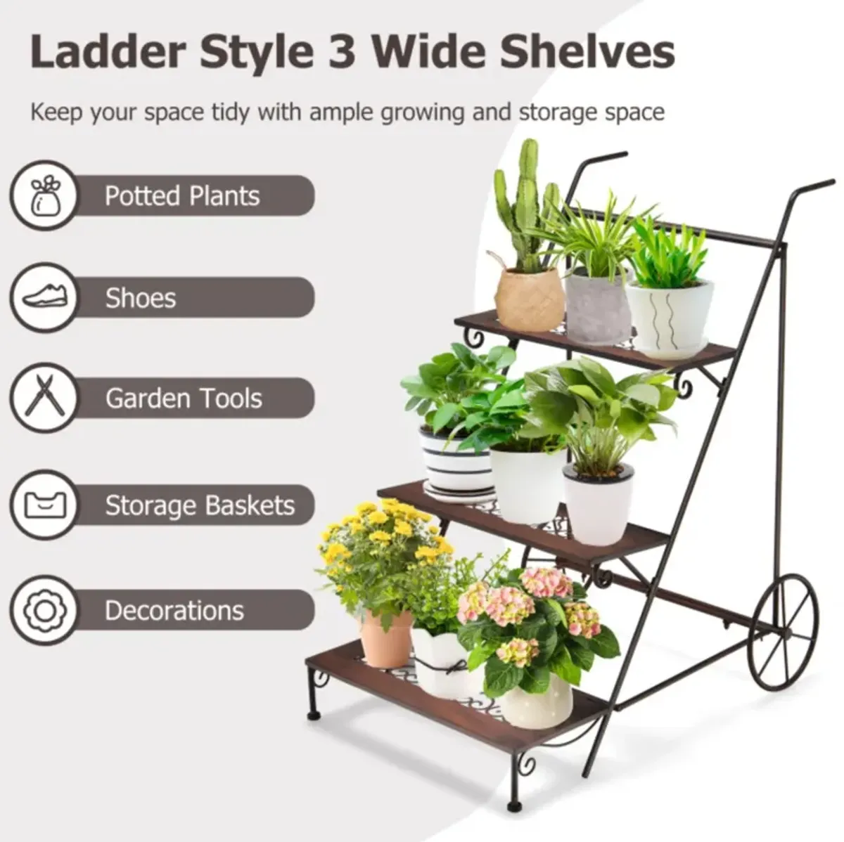 Hivvago 3-Tier Metal Plant Stand with Wheels and Handle for Balcony