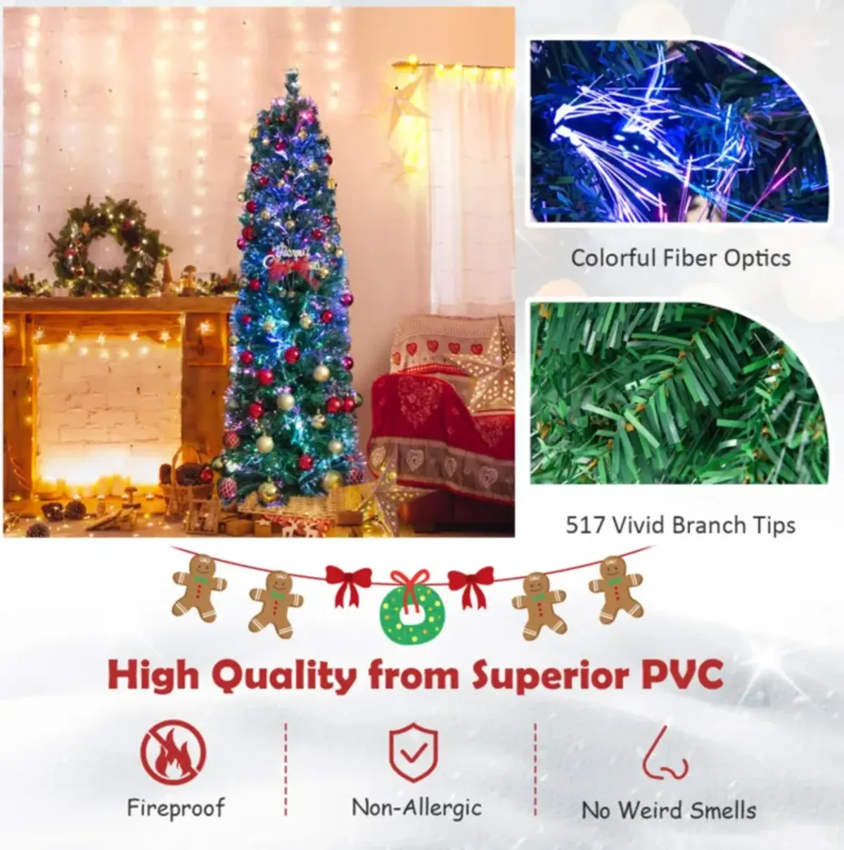 Hivvago 5/6/7/8 FT Pre-Lit Christmas Pencil Tree with Colorful Fiber Optics Green