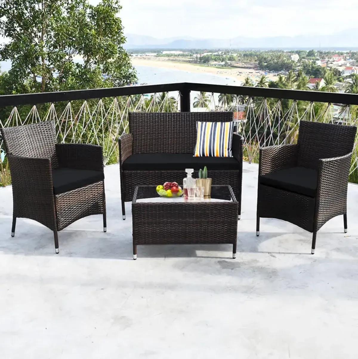 4 Pieces Comfortable Outdoor Rattan Sofa Set with Glass Coffee Table