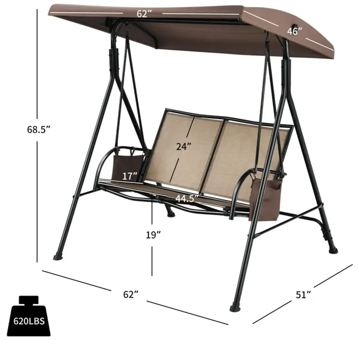 2-Person Patio Swing with Adjustable Canopy and 2 Storage Pocket-Brown