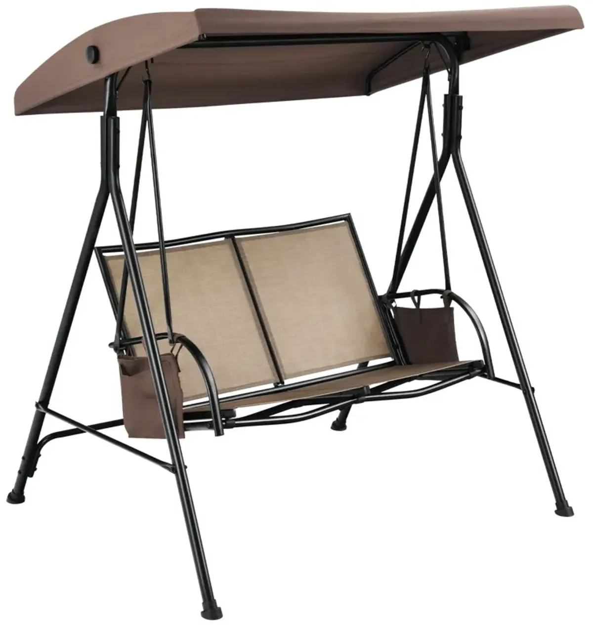 2-Person Patio Swing with Adjustable Canopy and 2 Storage Pocket-Brown