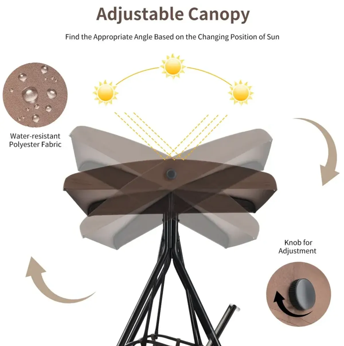 2-Person Patio Swing with Adjustable Canopy and 2 Storage Pocket-Brown