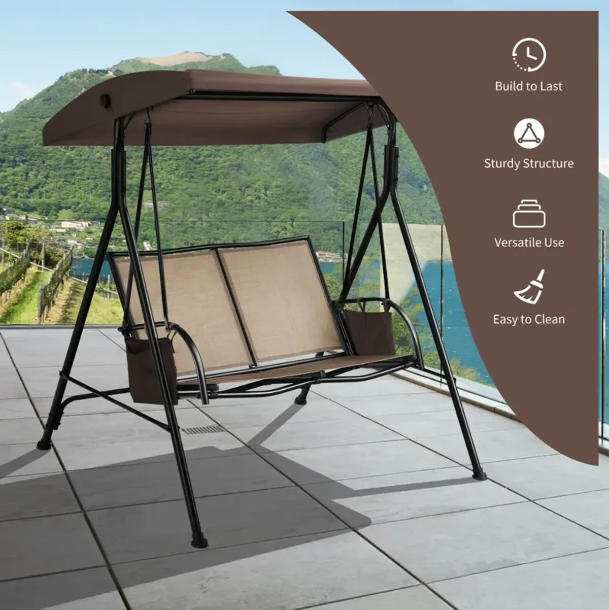 2-Person Patio Swing with Adjustable Canopy and 2 Storage Pocket-Brown