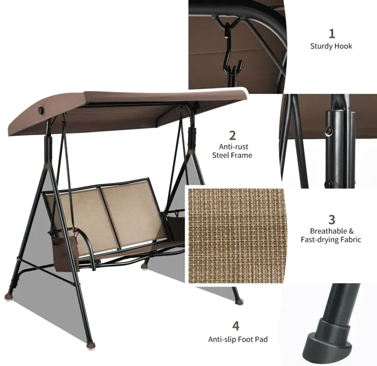 2-Person Patio Swing with Adjustable Canopy and 2 Storage Pocket-Brown