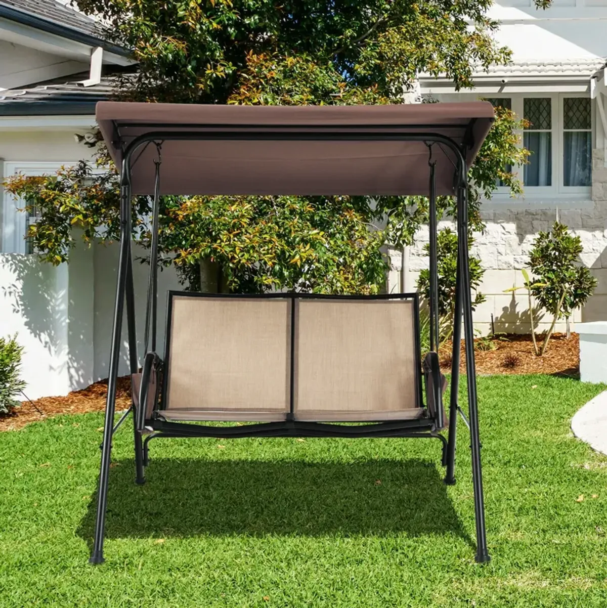 2-Person Patio Swing with Adjustable Canopy and 2 Storage Pocket-Brown