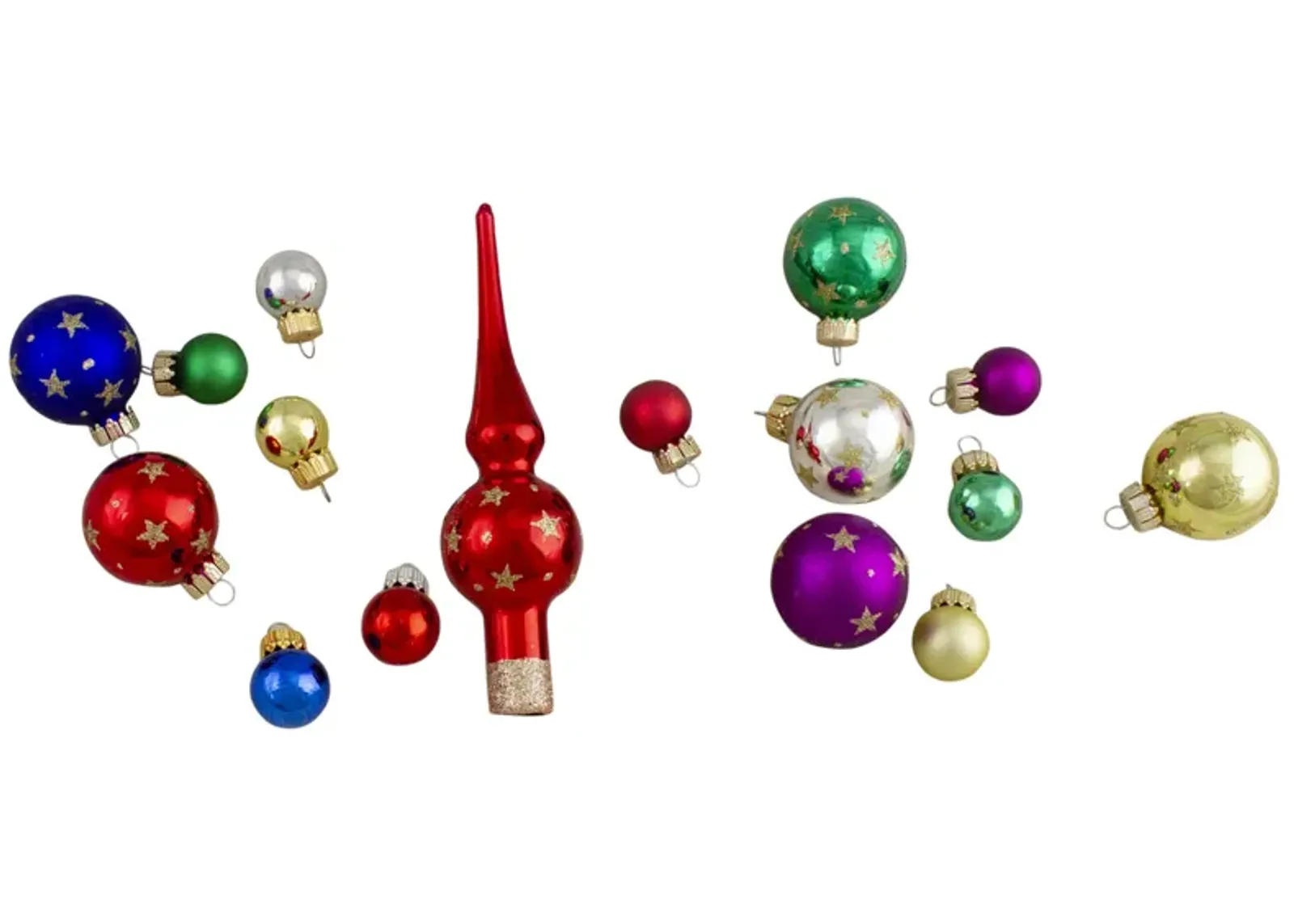 16-Piece Set of Assorted Multi-Color Glass Ball Christmas Ornaments with Tree Topper