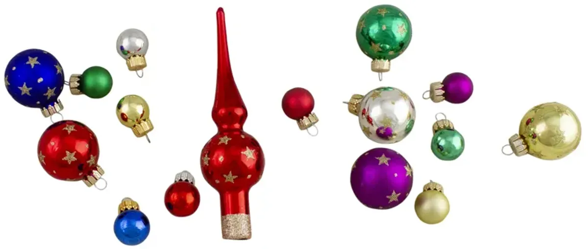 16-Piece Set of Assorted Multi-Color Glass Ball Christmas Ornaments with Tree Topper